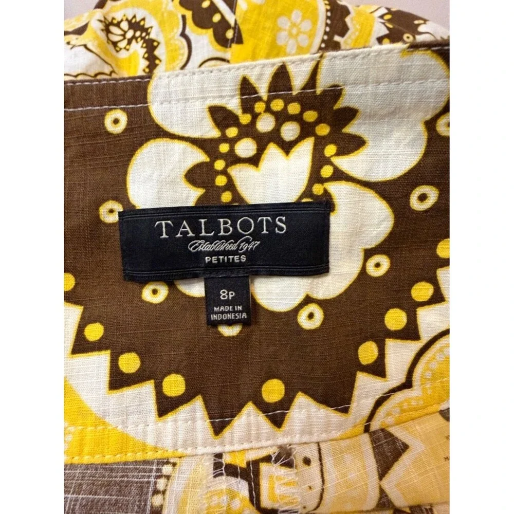 Talbots Petites Paisley A-Line Full Skirt Brown Yellow Side Zipper Pockets SZ 8P